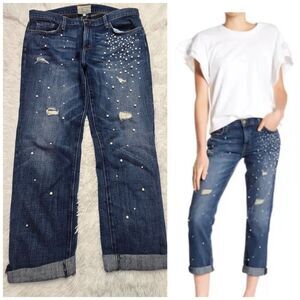 Current Elliott Loved Destroy Pearls The Fling Boyfriend Crop Jeans Size 31x28